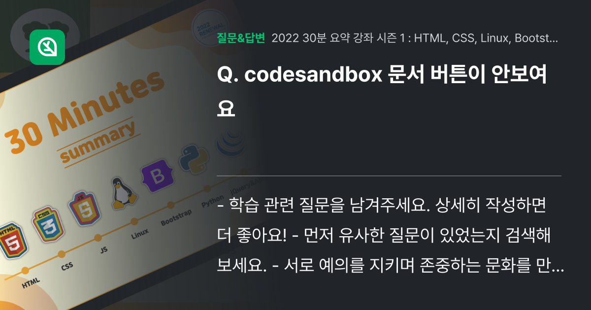 codesandbox 문서 버튼이 안보여요 - 인프런 | 커뮤니티 질문&답변