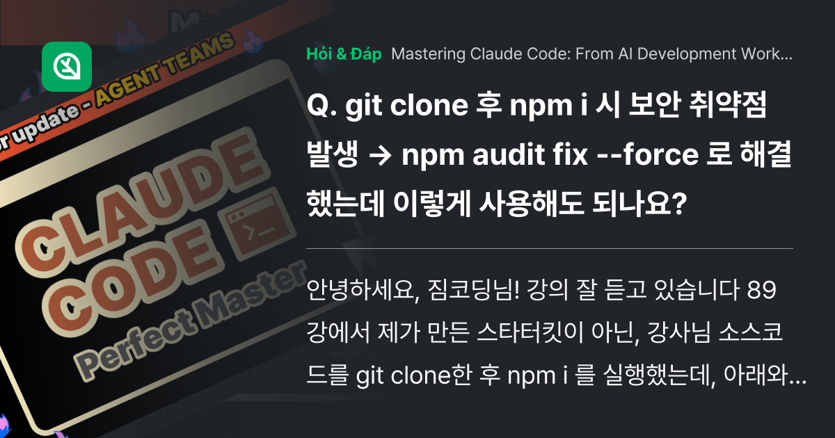 git clone 후 npm i 시 보안 취약점 발... - Inflearn | Community Q&A