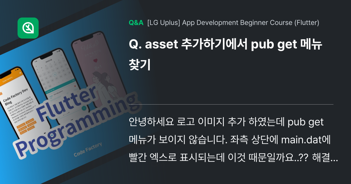asset 추가하기에서 pub get 메뉴 찾기 - Inflearn | Community Q&A
