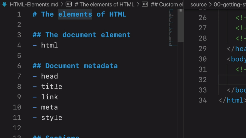 HTML의 각 요소를 정리한 Visual Studio Code 강의화면 캡처 (섹션 1 1강)