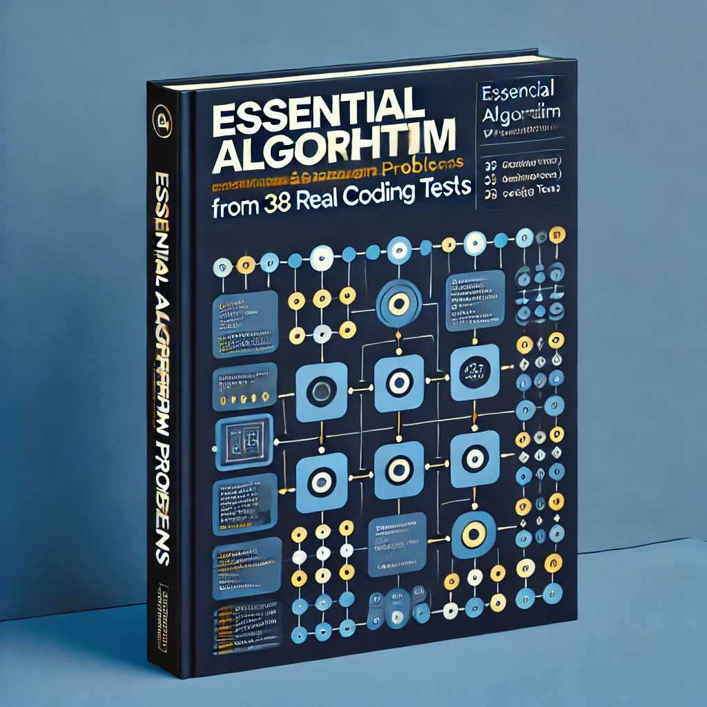 DALL·E 2024-11-06 23.37.48 - Design of a special algorithm workbook cover titled 'Essential Algorithm Problems from 38 Real Coding Tests.' The cover is in a deep blue background w