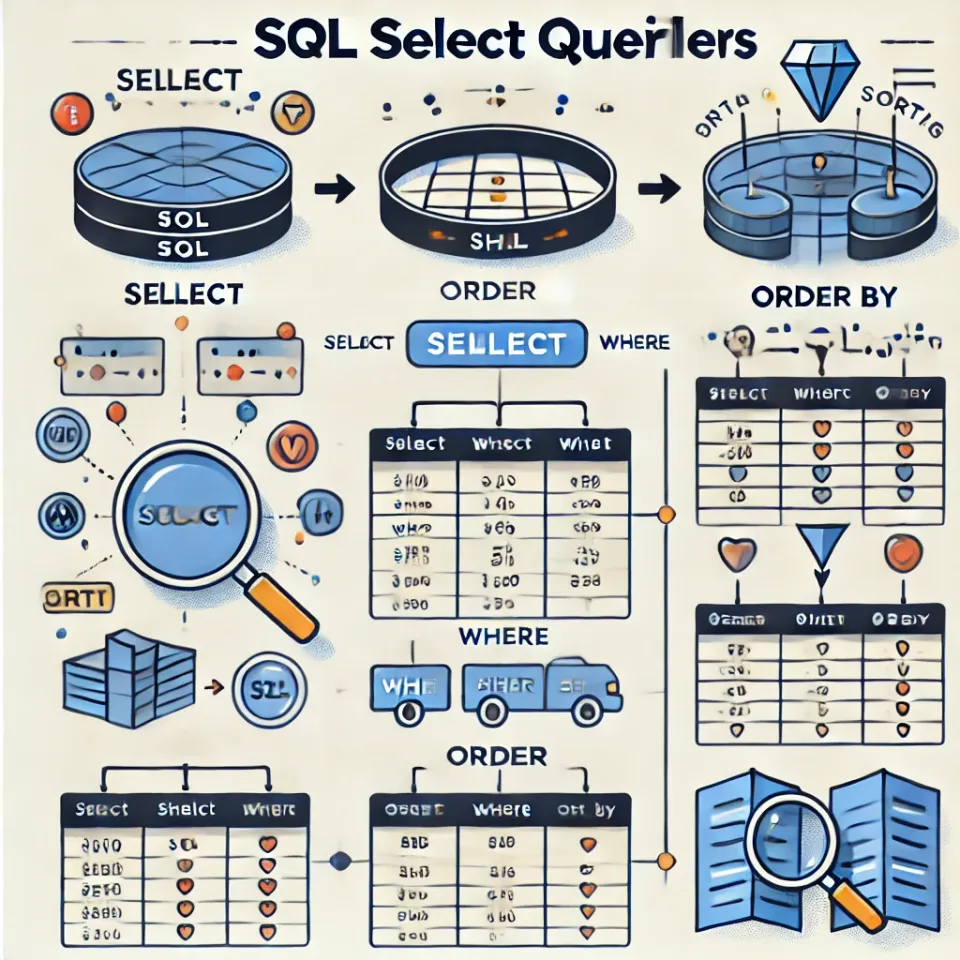 DALL·E 2024-11-30 01.34.59 - An infographic illustrating SQL SELECT queries and data filtering. Include visual representations of SQL commands like SELECT, WHERE, and ORDER BY. Sh