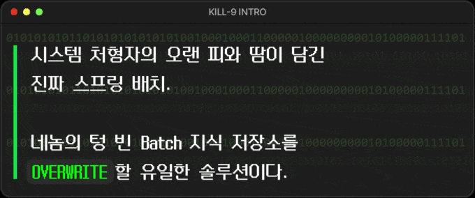 **시스템 처형자의 오랜 피와 땀이 담긴 진짜 스프링 배치.**  네놈의 텅 빈 Batch 지식 저장소를 \`OVERWRITE\` 할 유일한 솔루션이다.