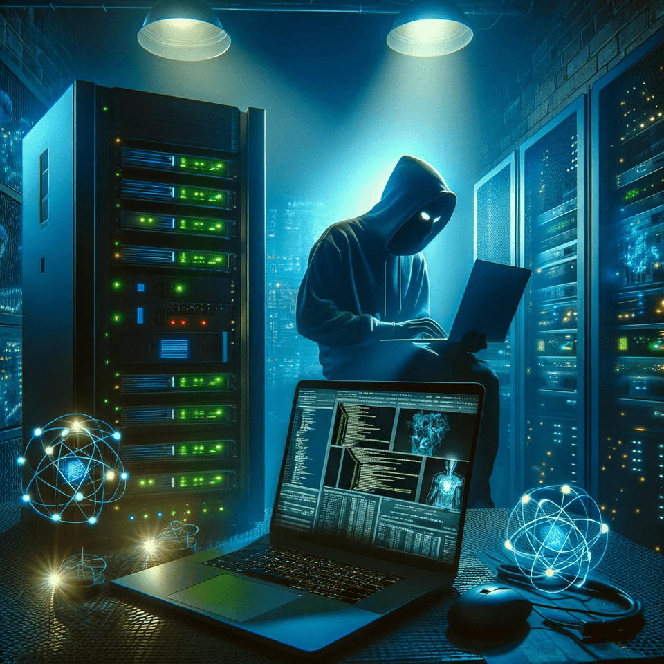 DALL·E 2024-06-04 02.56.04 - Create an image that vividly illustrates the theme of cybersecurity, featuring a hacker, a server, and a laptop. The scene should show a hacker, cloak