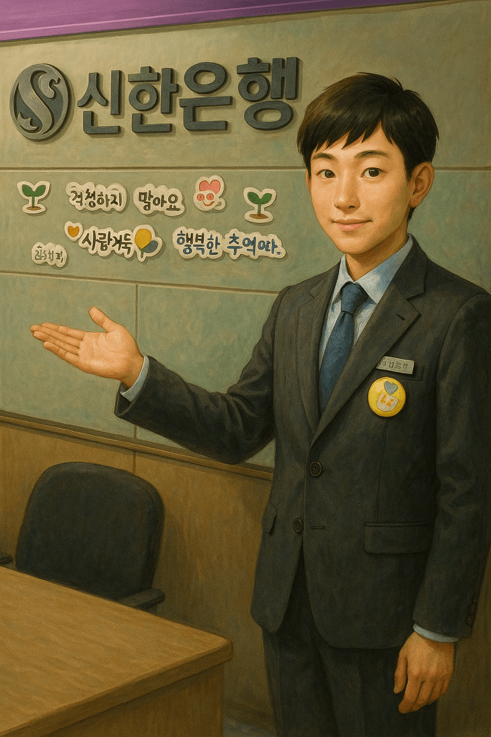 신한은행 가르키는 사진 지브리풍
