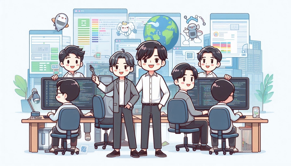 다국어 지원 및 UTF-8 인코딩 문제를 해결하고 퇴근하는 개발자. 한국의 공익광고 애니메이션 스타일 이미지.