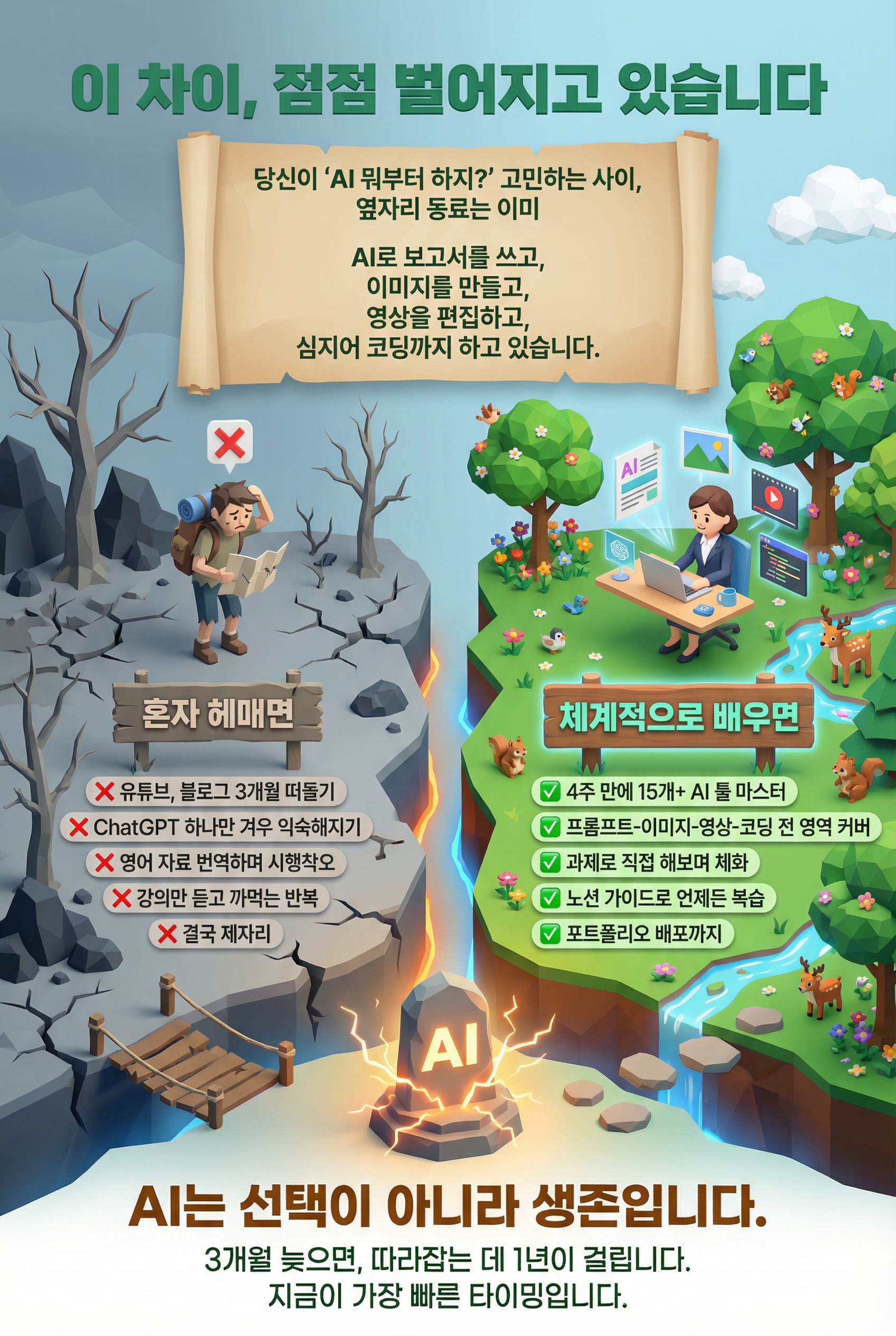 이 차이, 점점 벌어지고 있습니다  **[메인 카피 - 20~24px, 흰색]** 당신이 'AI 뭐부터 하지?' 고민하는 사이, 옆자리 동료는 이미  AI로 보고서를 쓰고, 이미지를 만들고, 영상을 편집하고, 심지어 코딩까지 하고 있습니다.  **[비교 레이아웃]**  **혼자 헤매면** ❌ 유튜브, 블로그 3개월 떠돌기 ❌ ChatGPT 하나만 겨우 익숙해지기 ❌ 영어 자료 번역하며 시행착오 ❌ 강의만 듣고 까먹는 반복 ❌ 결국 제자리  **체계적으로 배우면** ✅ 4주 만에 15개+ AI 툴 마스터 ✅ 프롬프트-이미지-영상-코딩 전 영역 커버 ✅ 과제로 직접 해보며 체화 ✅ 노션 가이드로 언제든 복습 ✅ 포트폴리오 배포까지  **[강조 카피 - 24~28px, 오렌지]** AI는 선택이 아니라 생존입니다.  **[부연 - 16~18px, 흰색 80%]** 3개월 늦으면, 따라잡는 데 1년이 걸립니다. 지금이 가장 빠른 타이밍입니다.