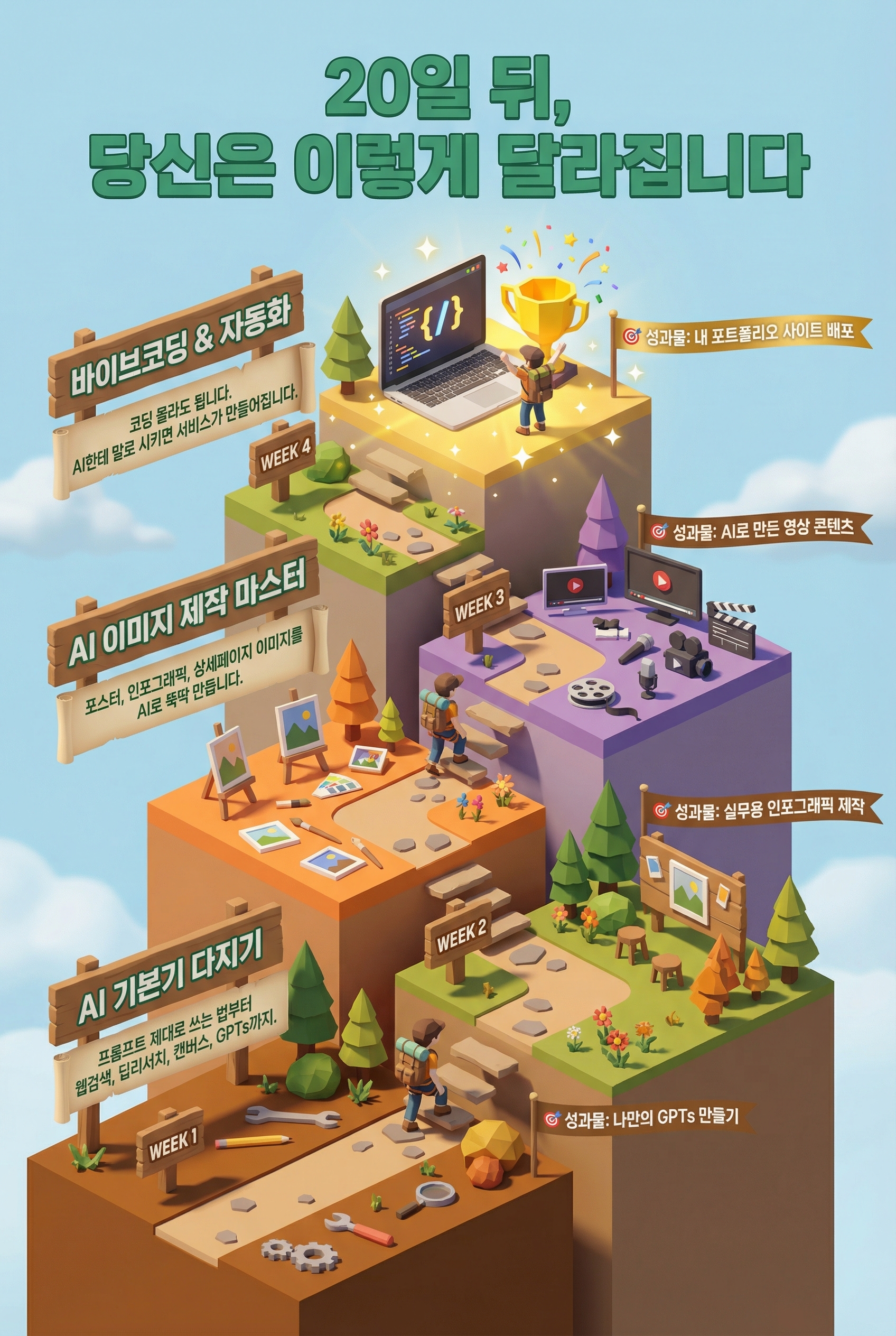 20일 뒤, 당신은 이렇게 달라집니다  **[성장 타임라인 - 주차별 카드]**  **WEEK 1** **AI 기본기 다지기** 프롬프트 제대로 쓰는 법부터 웹검색, 딥리서치, 캔버스, GPTs까지. AI를 '제대로' 쓰는 기본기를 탄탄하게 잡습니다.  🎯 성과물: 나만의 GPTs 만들기  **WEEK 2** **AI 이미지 제작 마스터** 포스터, 인포그래픽, 상세페이지 이미지를 AI로 뚝딱 만듭니다. 한글 안 깨지는 비법도 알려드려요.  🎯 성과물: 실무용 인포그래픽 제작  **WEEK 3** **PPT & 영상 제작** PPT AI 툴 7개를 한눈에 비교하고, AI 영상 제작과 편집까지 도전합니다. 이제 영상도 AI가 만들어주는 시대.  🎯 성과물: AI로 만든 영상 콘텐츠  **WEEK 4** **바이브코딩 & 자동화** 코딩 몰라도 됩니다. AI한테 말로 시키면 서비스가 만들어집니다. 내 포트폴리오 사이트까지 직접 배포해봅니다.  🎯 성과물: 내 포트폴리오 사이트 배포