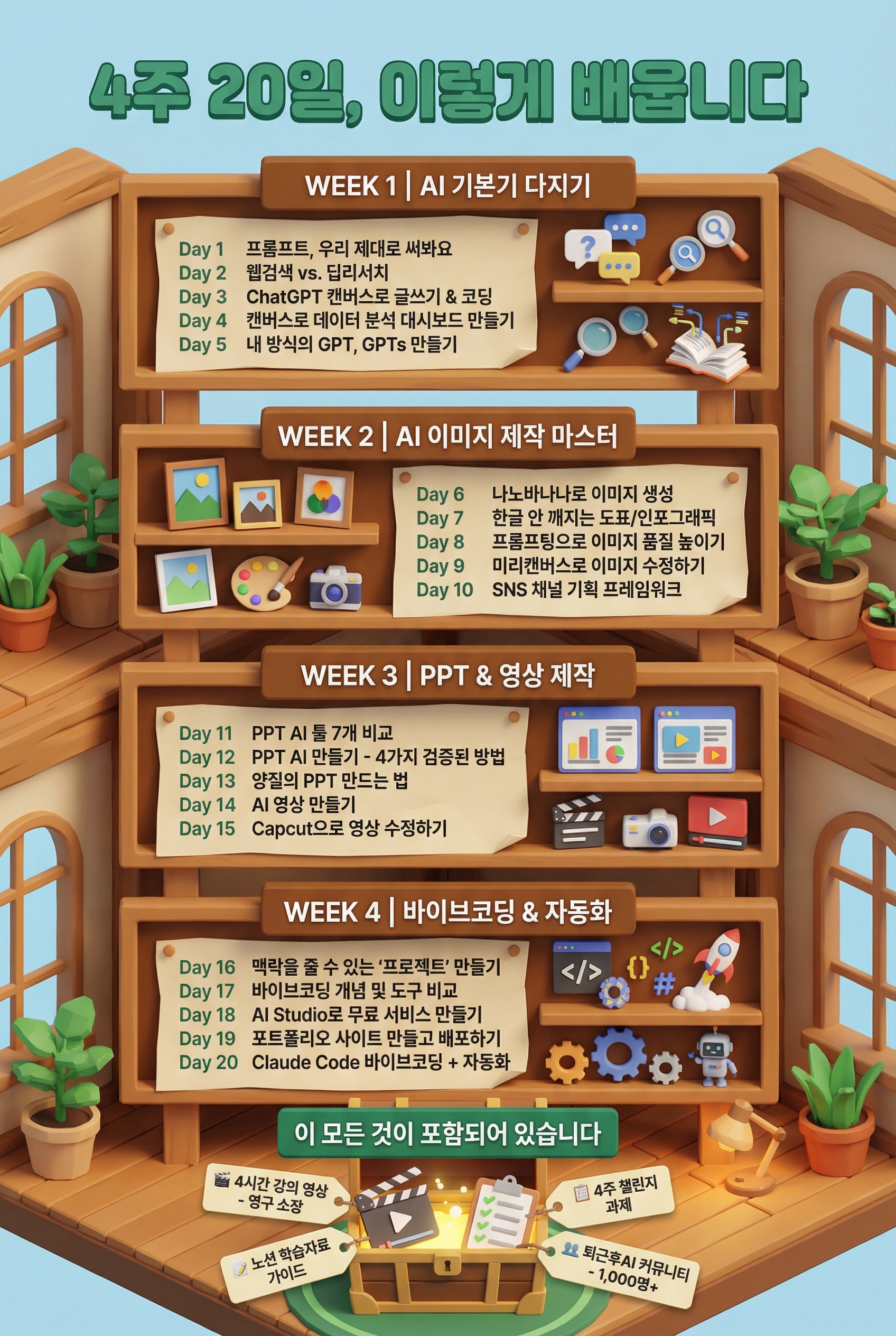 4주 20일, 이렇게 배웁니다  ---  **[1주차 카드 - 오렌지 포인트]** **WEEK 1 | AI 기본기 다지기**  Day 1  프롬프트, 우리 제대로 써봐요          좋은 프롬프트의 4가지 요소  Day 2  웹검색 vs. 딥리서치          실시간 정보 검색과 심층 보고서 활용법  Day 3  ChatGPT 캔버스로 글쓰기 & 코딩          긴 문서 작성, 간단한 html 구현  Day 4  캔버스로 데이터 분석 대시보드 만들기          엑셀 데이터를 대시보드로 변환  Day 5  내 방식의 GPT, GPTs 만들기          나만의 맞춤형 AI 비서 만들기  ---  **[2주차 카드 - 핑크 포인트]** **WEEK 2 | AI 이미지 제작 마스터**  Day 6  나노바나나로 이미지 생성          포스터, 인포그래픽, 상세페이지 이미지  Day 7  한글 안 깨지는 도표/인포그래픽 만들기          Nano Banana Pro vs NotebookLM vs Napkin AI  Day 8  프롬프팅으로 이미지 품질 높이기          Subject, Background, Mood 등 9가지 요소  Day 9  미리캔버스로 이미지 수정하기          생성된 이미지 후보정 및 편집  Day 10 SNS 채널 기획 프레임워크           콘텐츠 전략을 한 방에 세우는 프롬프트  ---  **[3주차 카드 - 보라 포인트]** **WEEK 3 | PPT & 영상 제작**  Day 11 PPT AI 툴 7개 비교           Gamma, Genspark, Skywork, 미리캔버스, NotebookLM, Manus, Claude  Day 12 PPT AI 만들기 - 4가지 검증된 방법           1줄 생성부터 구조화 접근까지  Day 13 양질의 PPT 만드는 법           AI PPT의 퀄리티를 올리는 핵심 기법  Day 14 AI 영상 만들기           젠스파크, 미리클, Veo3 조합 활용  Day 15 Capcut으로 영상 수정하기           AI 영상 후편집 실전  ---  **[4주차 카드 - 네이비 포인트]** **WEEK 4 | 바이브코딩 & 자동화**  Day 16 맥락을 줄 수 있는 '프로젝트' 만들기           ChatGPT/Claude 프로젝트 기능 활용  Day 17 바이브코딩 개념 및 도구 비교           코딩 모르는 사람도 서비스를 만드는 시대  Day 18 AI Studio로 무료 서비스 만들기           배포, 인증, DB, 스토리지까지  Day 19 포트폴리오 사이트 만들고 배포하기           Google Antigravity + 깃헙 배포  Day 20 Claude Code 바이브코딩 + 자동화           Claude Code 실전 + Google Opal 자동화