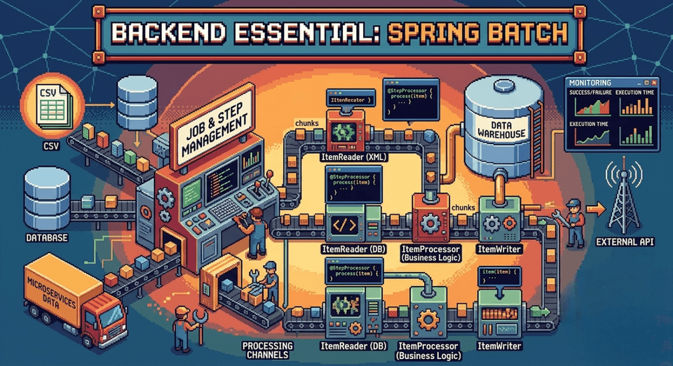 반복문 기반 처리와 Spring Batch 기반 배치 처리의 구조를 비교한 도식