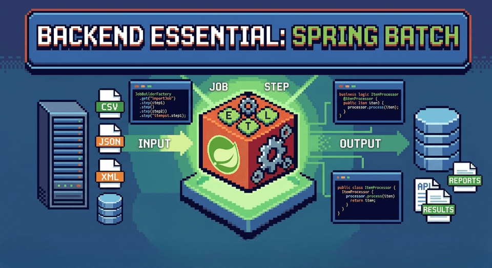 Spring Batch의 Job과 Step, Chunk 기반 처리 흐름을 나타낸 아키텍처 도식