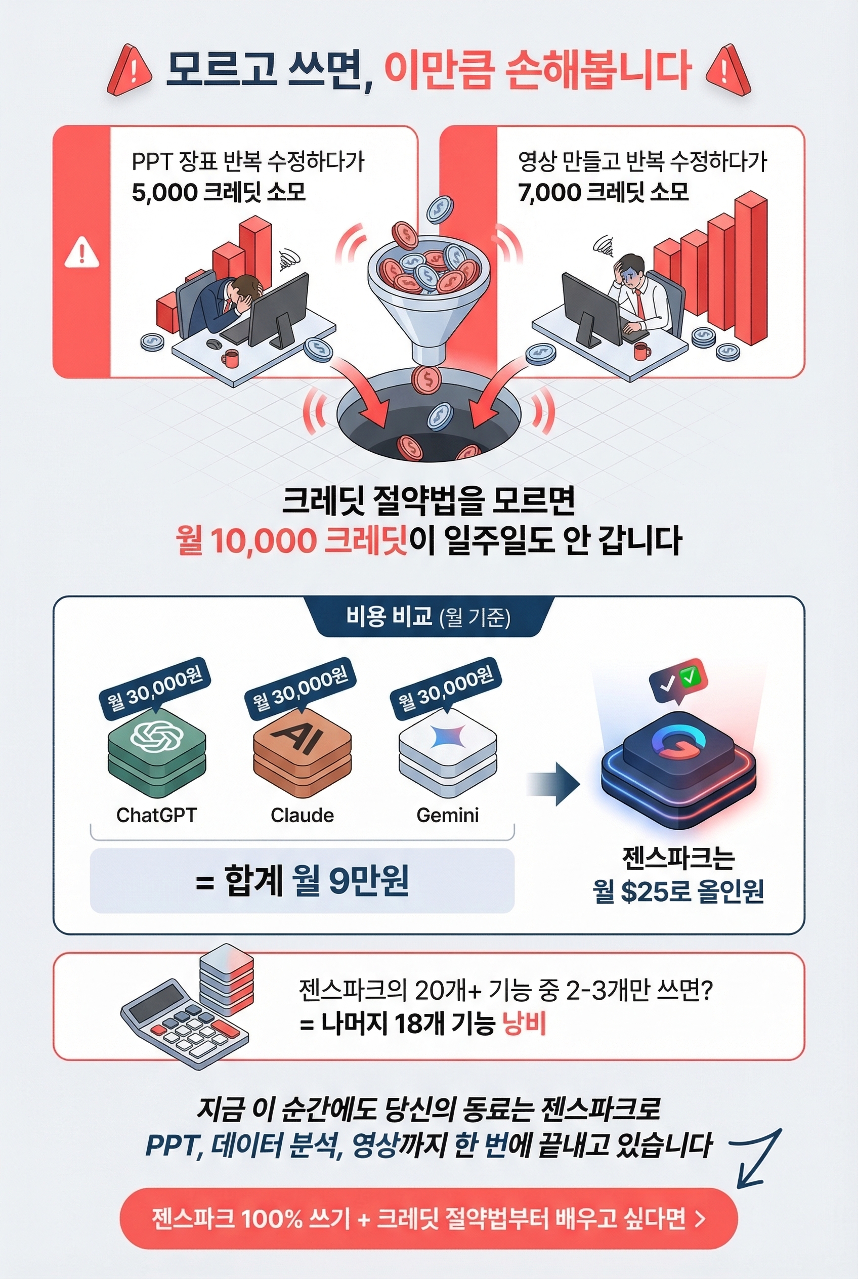**모르고 쓰면, 이만큼 손해봅니다**  - PPT 장표 반복 수정하다가 5,000 크레딧 소모 - 영상 만들고 반복 수정하다가 7,000 크레딧 소모  크레딧 절약법을 모르면 월 10,000 크레딧이 일주일도 안 갑니다  ChatGPT + Claude + Gemini 따로 구독하면 월 7만원, 연간 84만원  젠스파크의 20개+ 기능 중 2-3개만 쓰면? = 기능당 월 1만원짜리 구독  지금 이 순간에도 당신의 동료는 젠스파크로 PPT, 데이터 분석, 영상까지 한 번에 끝내고 있습니다  **[젠스파크 100% 쓰기 + 크레딧 절약법부터 배우고 싶다면 >]**