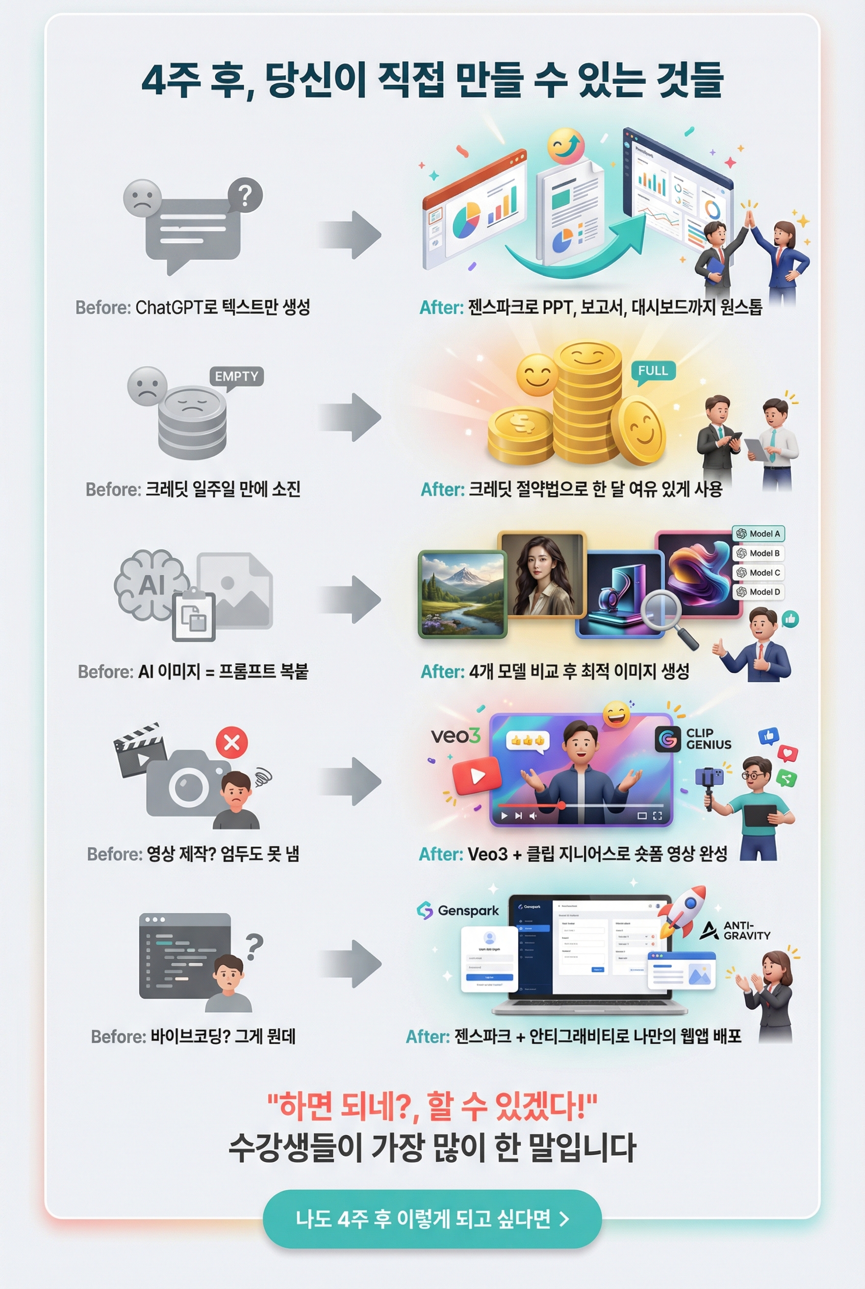  ## 섹션 5: 구체적 변화 / 성과 (Desire)  **4주 후, 당신이 직접 만들 수 있는 것들**  | Before | After (4주 후) | |--------|---------------| | ChatGPT로 텍스트만 생성 | 젠스파크로 PPT, 보고서, 대시보드까지 원스톱 | | 크레딧 일주일 만에 소진 | 크레딧 절약법으로 한 달 여유 있게 사용 | | AI 이미지 = 프롬프트 복붙 | 4개 모델 비교 후 최적 이미지 생성 | | 영상 제작? 엄두도 못 냄 | Veo3 + 클립 지니어스로 숏폼 영상 완성 | | 바이브코딩? 그게 뭔데 | 젠스파크 + 안티그래비티로 나만의 웹앱 배포 |  "하면 되네?, 할 수 있겠다!" 수강생들이 가장 많이 한 말입니다  **[나도 4주 후 이렇게 되고 싶다면 >]**