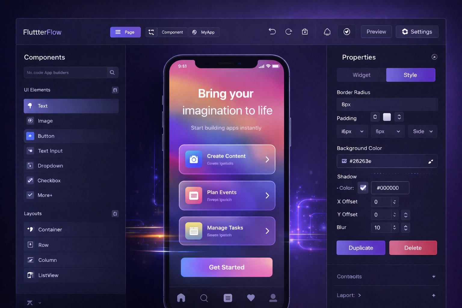 앱 빌더 인터페이스와 모바일 미리보기