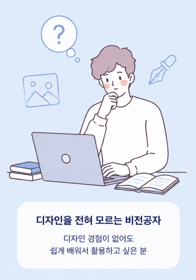 노트북 앞에 앉아 디자인을 하기 어려워 하는 비전공자의 모습