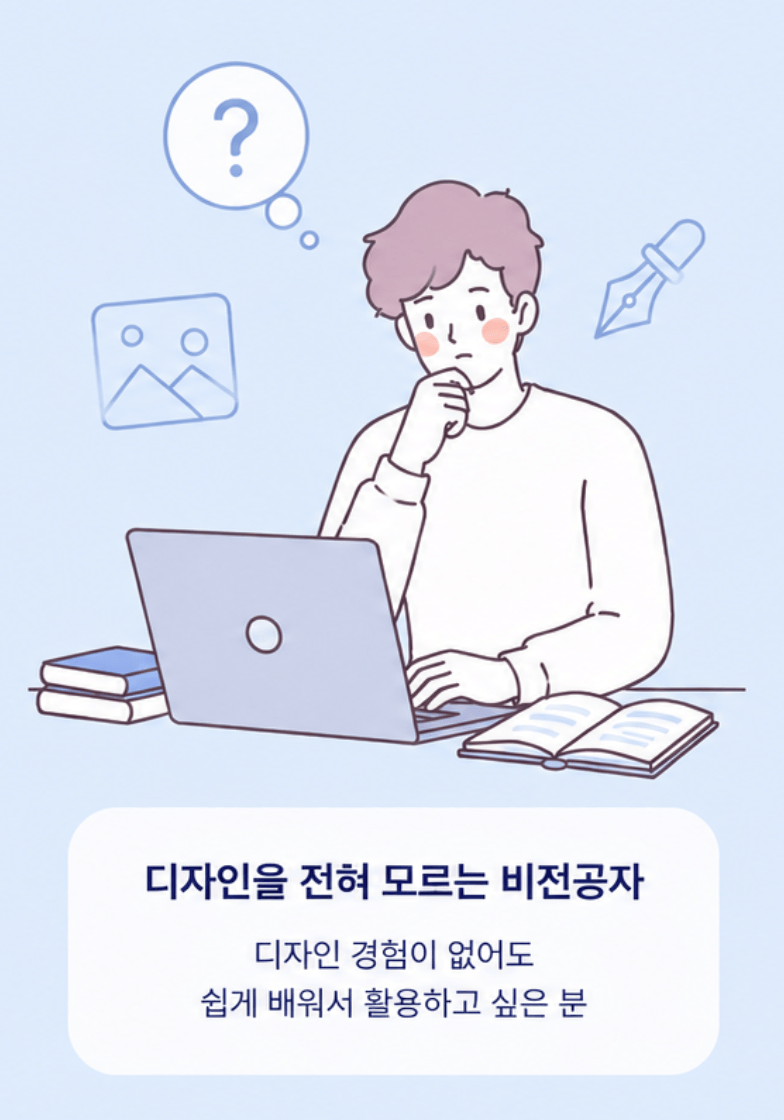 노트북 앞에 앉아 디자인을 하기 어려워 하는 비전공자의 모습