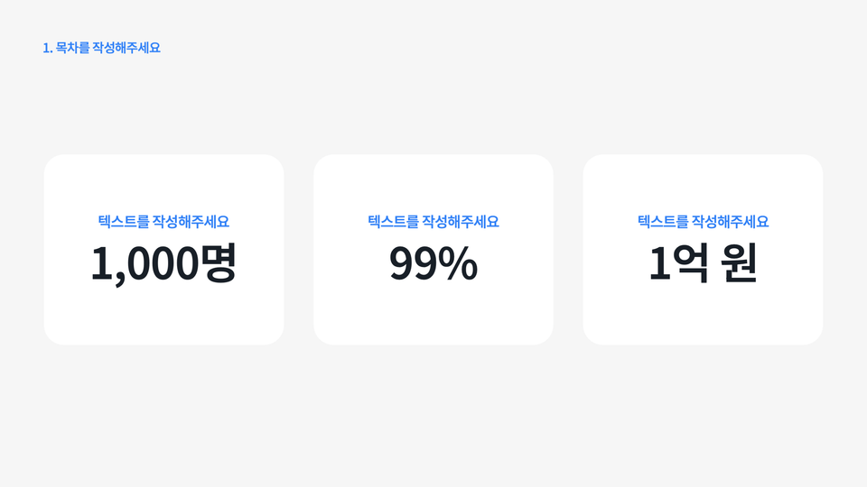 1,000명, 99%, 1억 원 수치를 강조한 PPT 슬라이드 예시