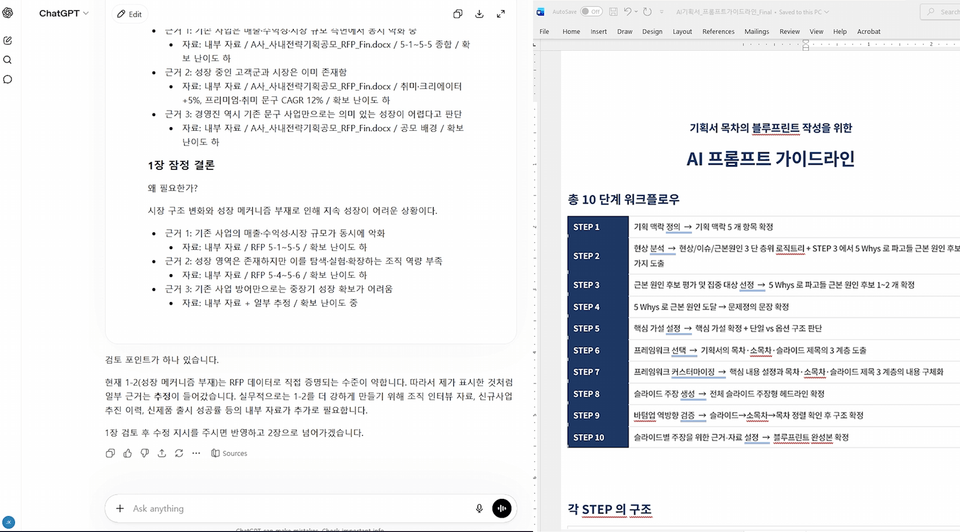 기획서 작성 워크플로우 — AI 프롬프트 가이드라인과 ChatGPT 활용 화면