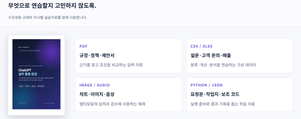 ChatGPT 수강생용 교재 표지와 규정 PDF, 설문·매출 데이터, 이미지·음성, 요청문·작업지·보조 코드의 제공 자료 안내