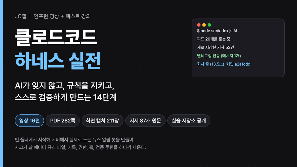 클로드코드 하네스 실전, 영상 16편과 PDF 282쪽으로 구성된 강의 소개 이미지