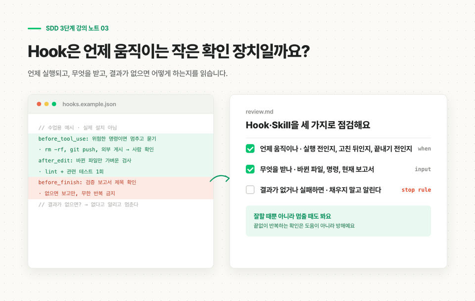 Hook 설정 예시를 언제 움직이는지 무엇을 받는지 결과가 없으면 어떻게 하는지 세 가지로 점검하는 흐름