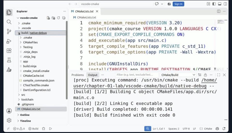 VSCode 출력 창의 CMake 빌드 로그