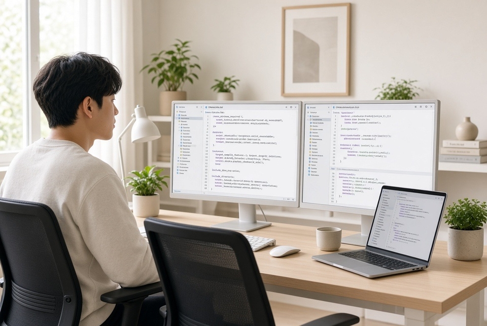 듀얼 모니터와 노트북으로 CMakeLists.txt를 보는 개발자