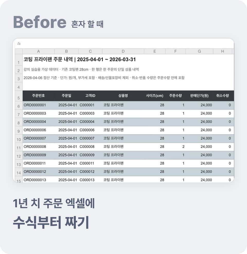 Before — 1년 치 주문 내역 엑셀(Excel) 원본 화면