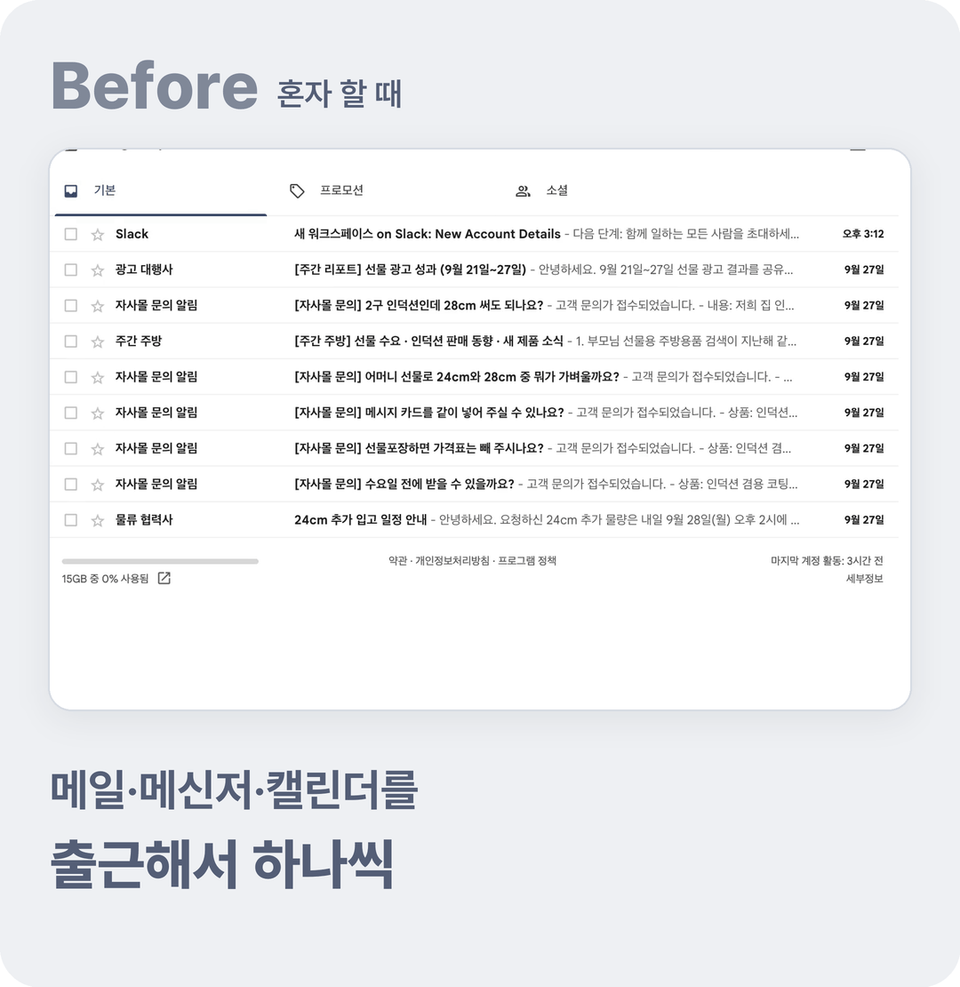 Before — 출근 후 하나씩 확인해야 하는 메일 받은편지함