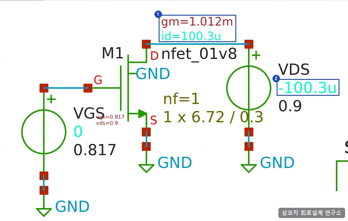 schematic 위에 gm 과 id 가 찍힌 xschem 화면