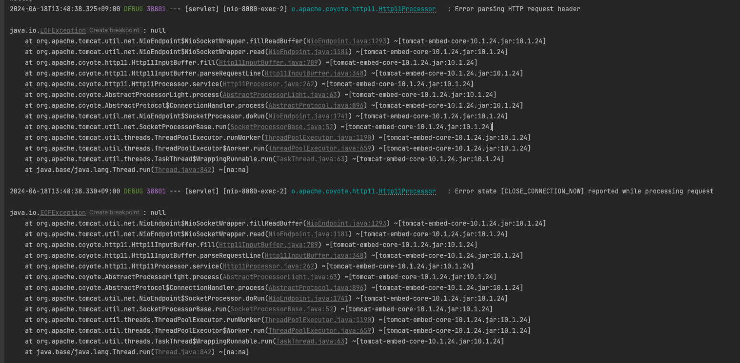 debug error parsing http request header java.io.eofexception null