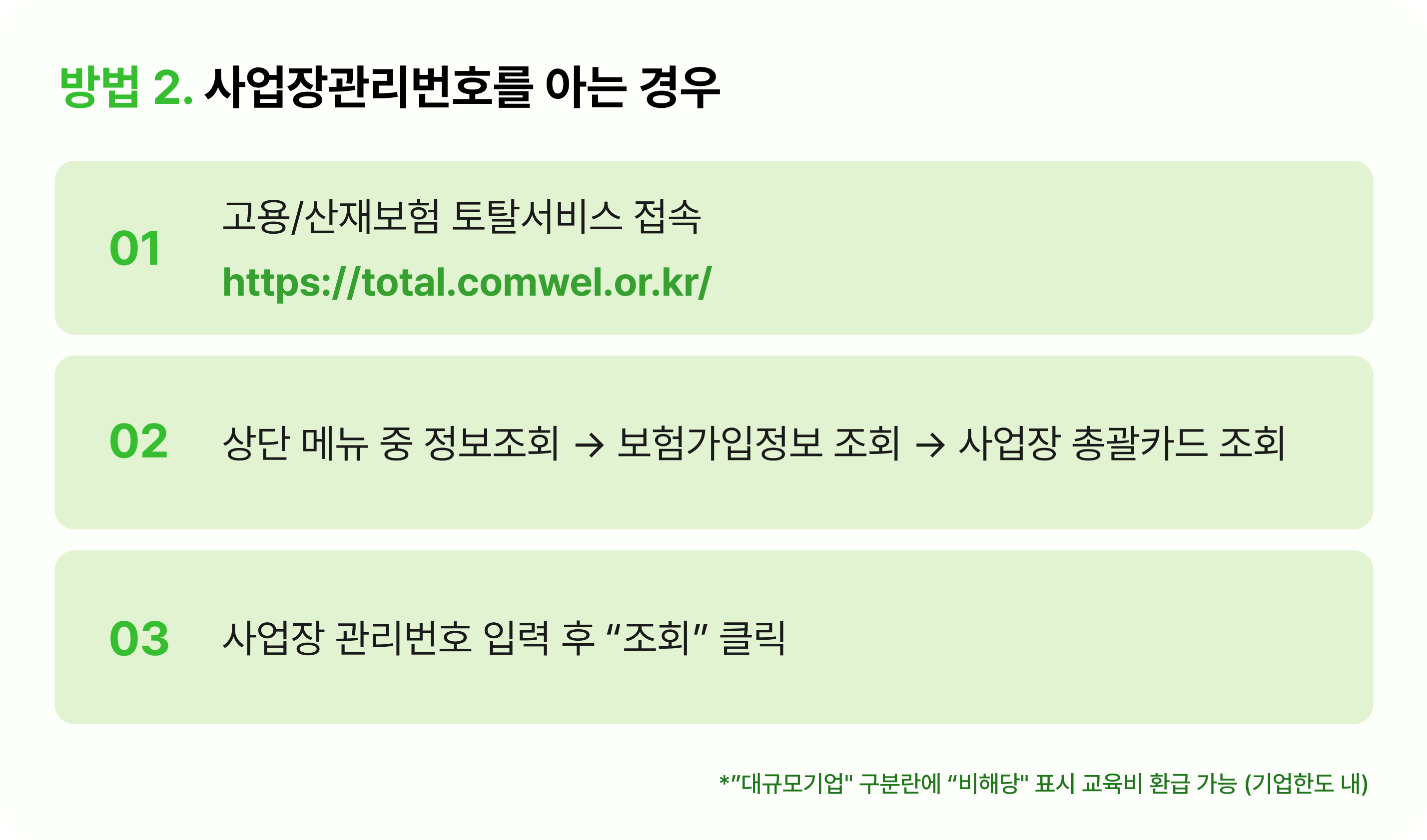 방법 2. 사업장관리번호를 아는 경우 - 고용/산재보험 토탈서비스에서 사업장 총괄카드 조회