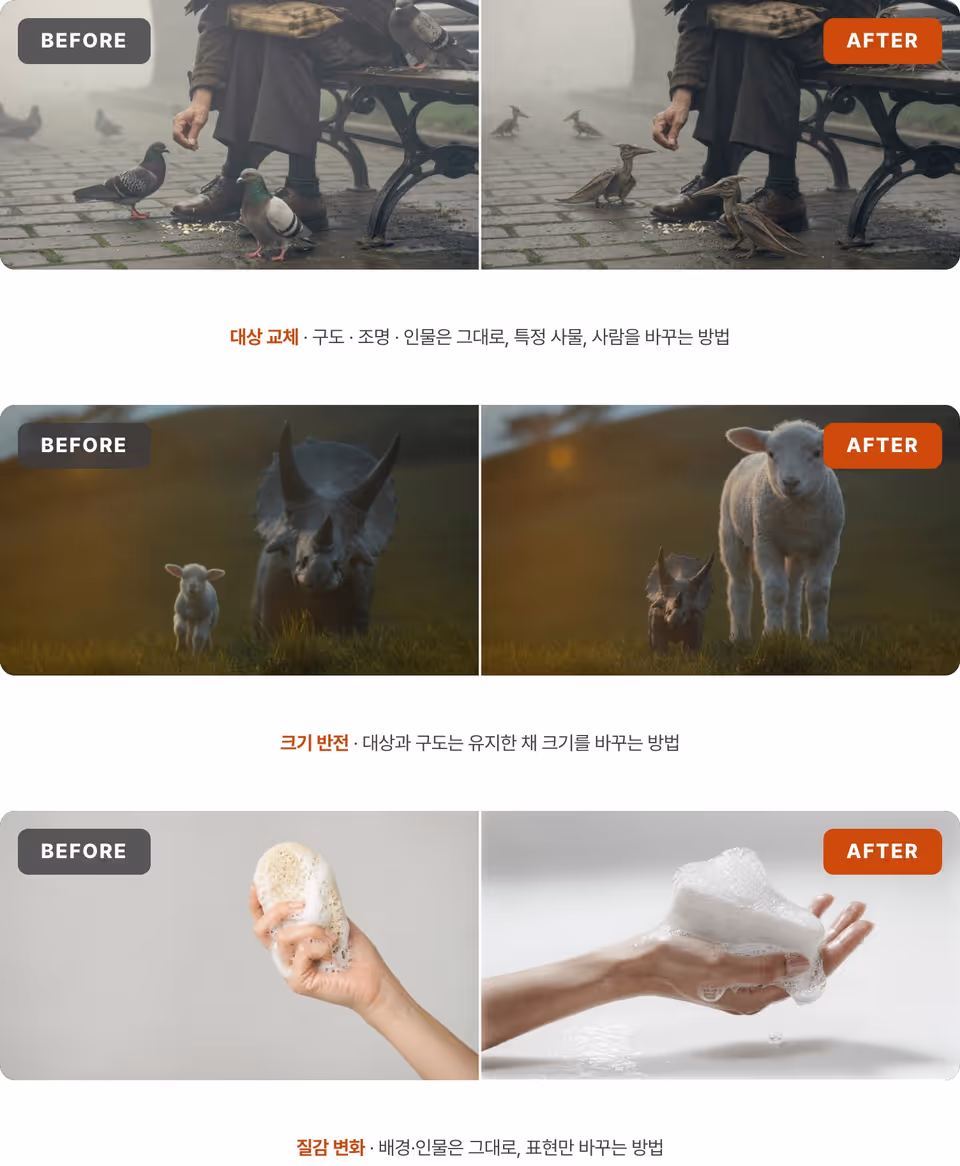 교안의 A → B 예시 3쌍 · 대상 교체 · 크기 반전 · 질감 변화